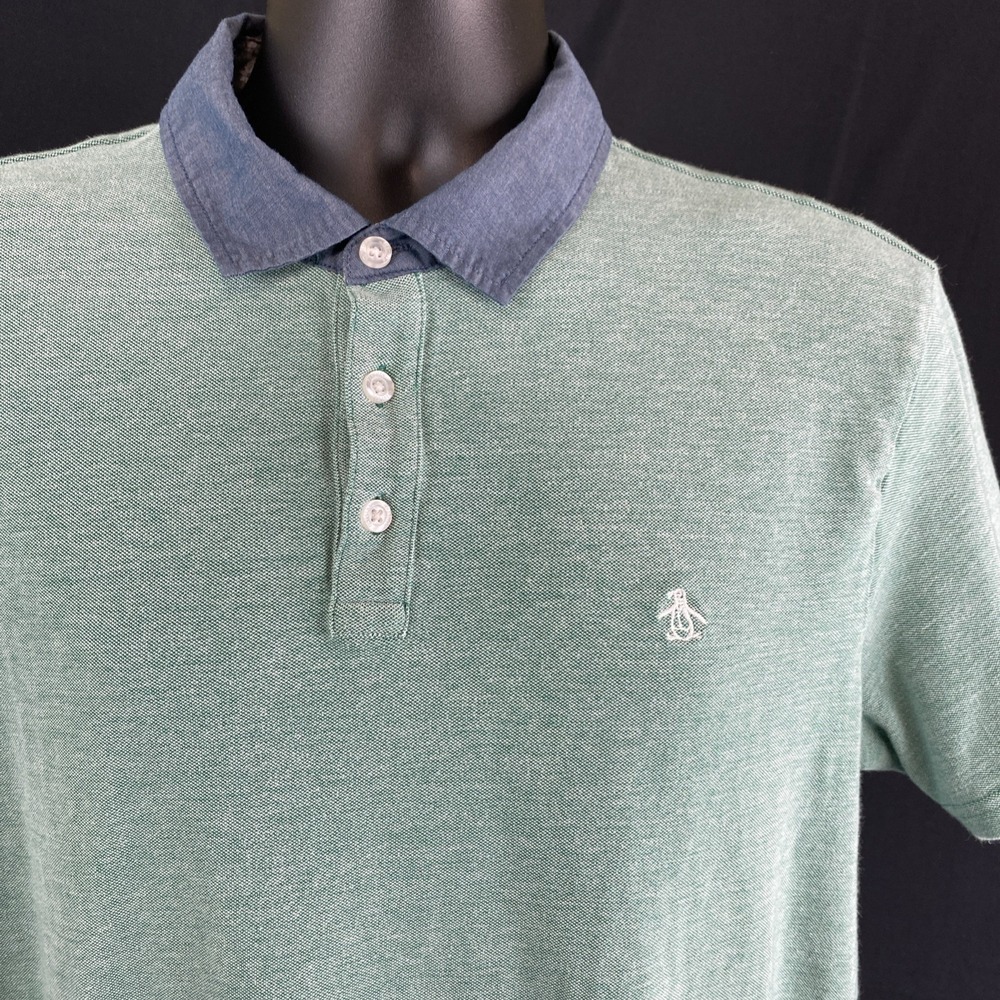 Original Penguin Polo Shirt Mens Large Green Chambray Collar Penguin Logo Casual